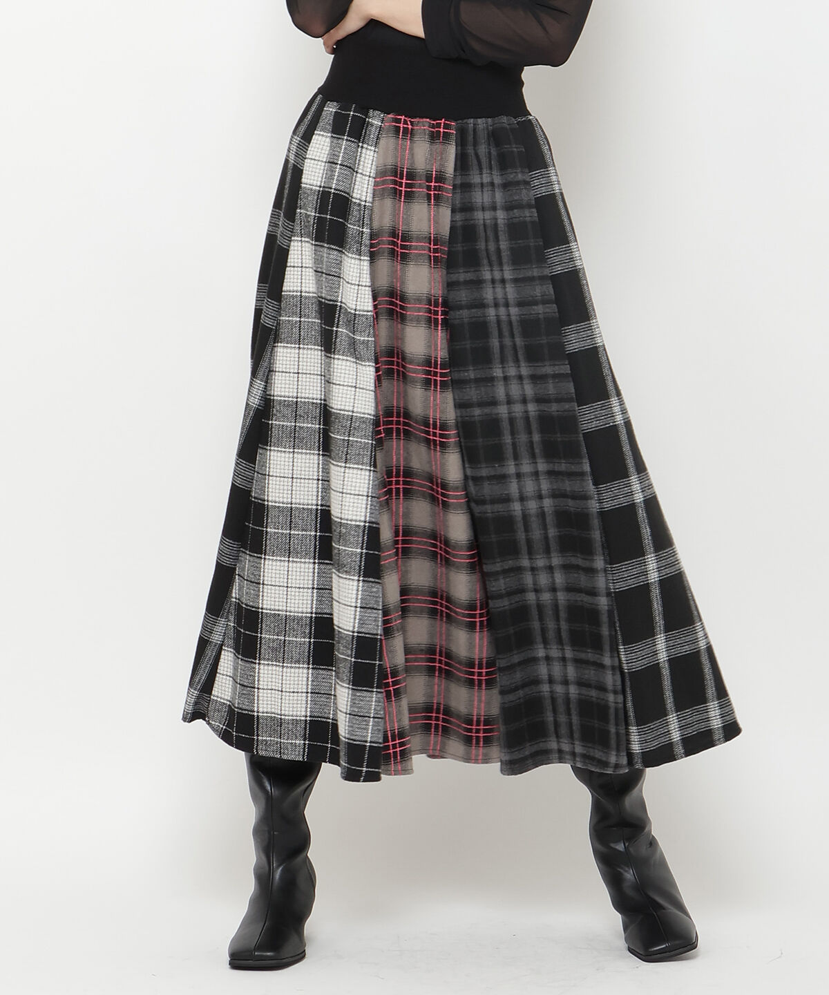 アンドクチュール「ウエストリブMIXネルチェックロングスカート」|フレア|