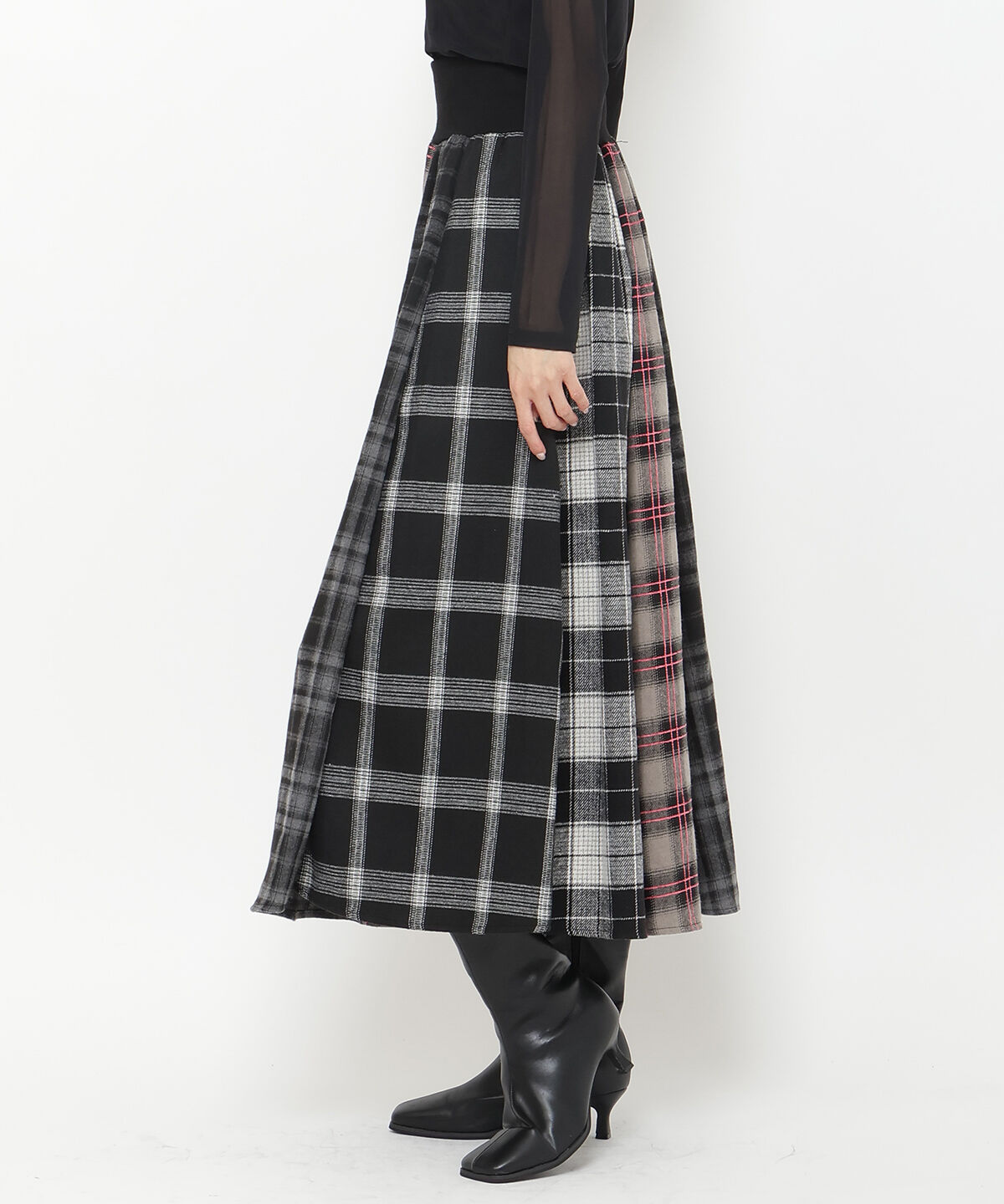 アンドクチュール「ウエストリブMIXネルチェックロングスカート」|フレア|
