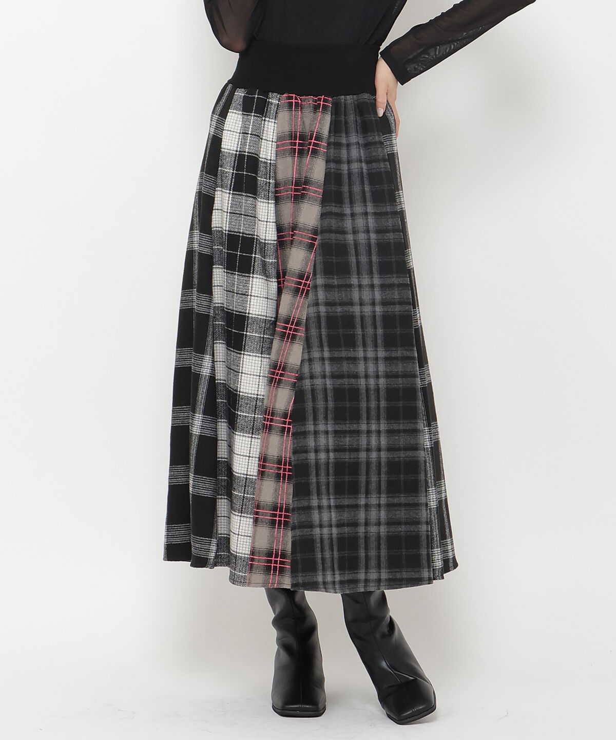 アンドクチュール「ウエストリブMIXネルチェックロングスカート」|フレア|