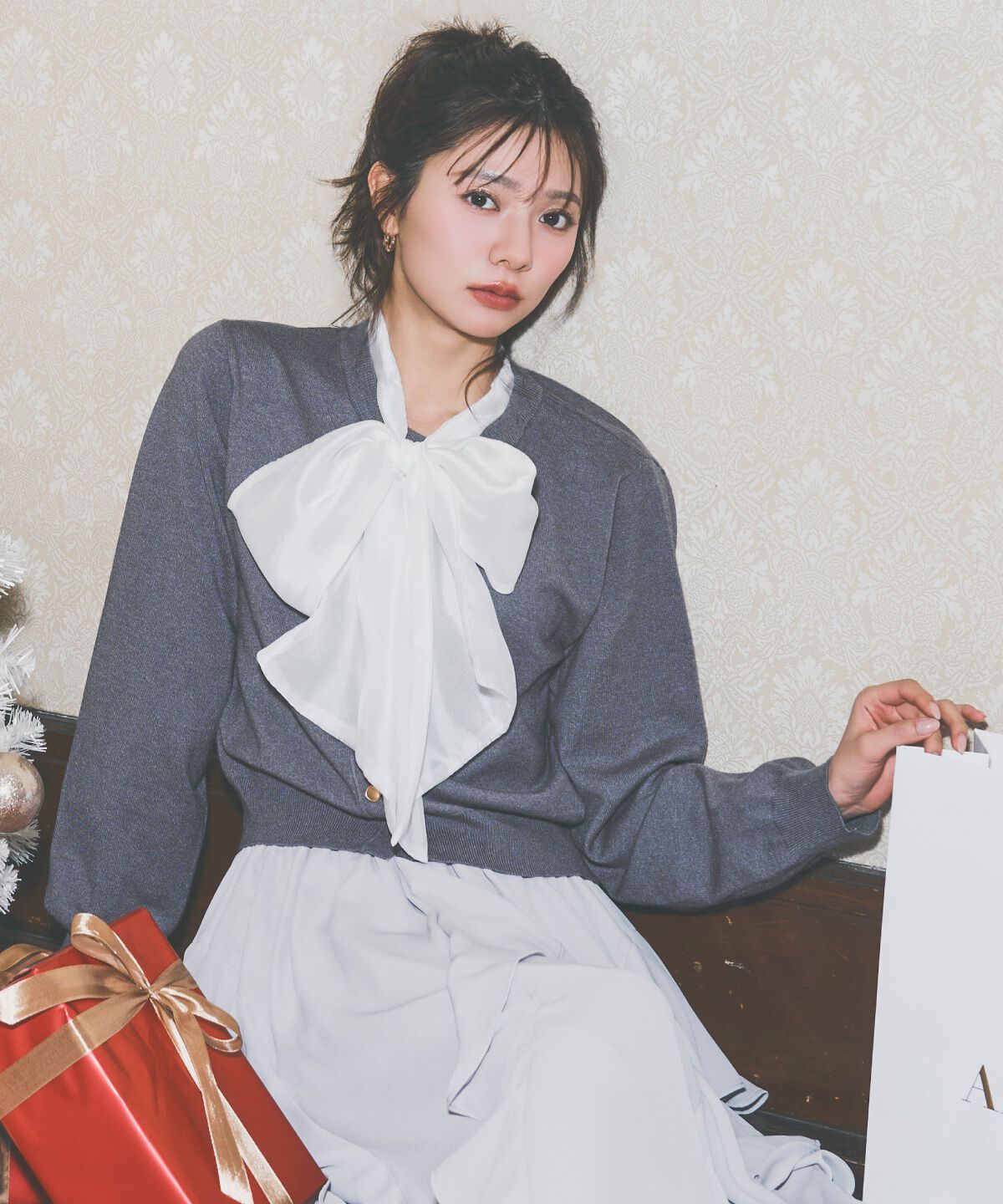 アンドクチュール「異素材リボンニットカーディガン」|カーディガン|ライトグレー