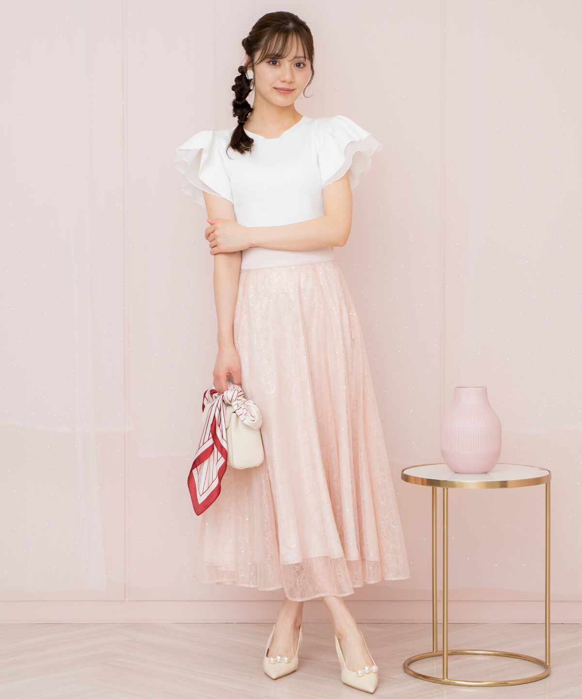 WILLSELECTION「スパンコール付きチュールスカート」|フレア|ピンク