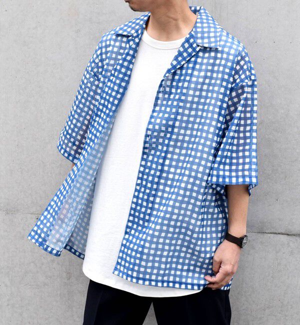 SHIPS any「SHIPS any: メッシュ オンブレチェック / ウェーブ パターン オープンカラー シアー シャツ◇」|シャツ・ブラウス|