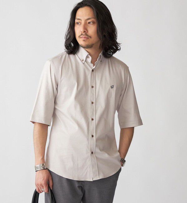 SHIPS「【WEB限定】SHIPS: ワンポイント ロゴ ジャージー ボタンダウン 5スリーブ シャツ」|シャツ・ブラウス|