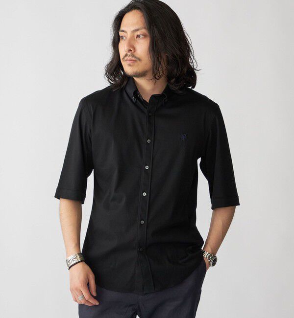 SHIPS「【WEB限定】SHIPS: ワンポイント ロゴ ジャージー ボタンダウン 5スリーブ シャツ」|シャツ・ブラウス|ブラック