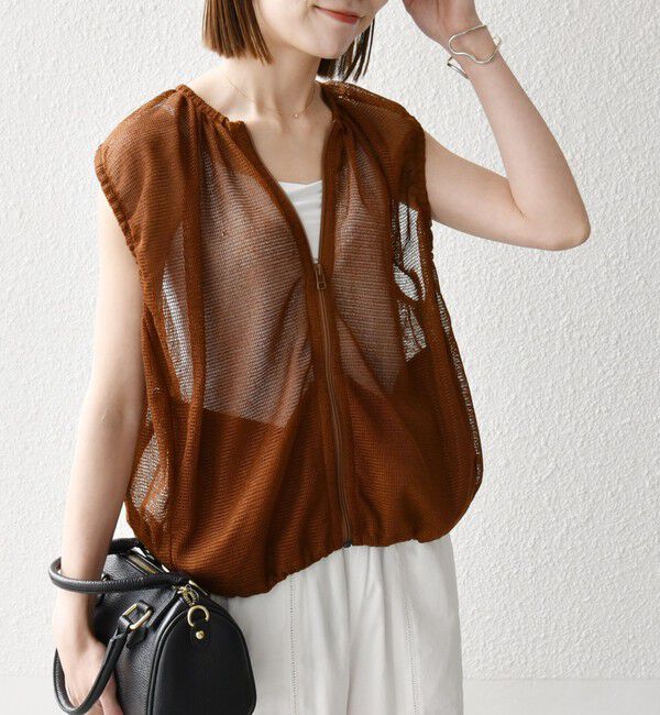 SHIPS any「SHIPS any:〈手洗い可能〉メッシュ シアー ドロスト ギャザー ノースリーブ ベスト」|ベスト・ジレ|