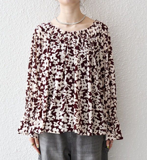 SHIPS any「SHIPS any:〈洗濯機可能〉フラワー ポリエステル ベロア シャーリング ブラウス」|シャツ・ブラウス|