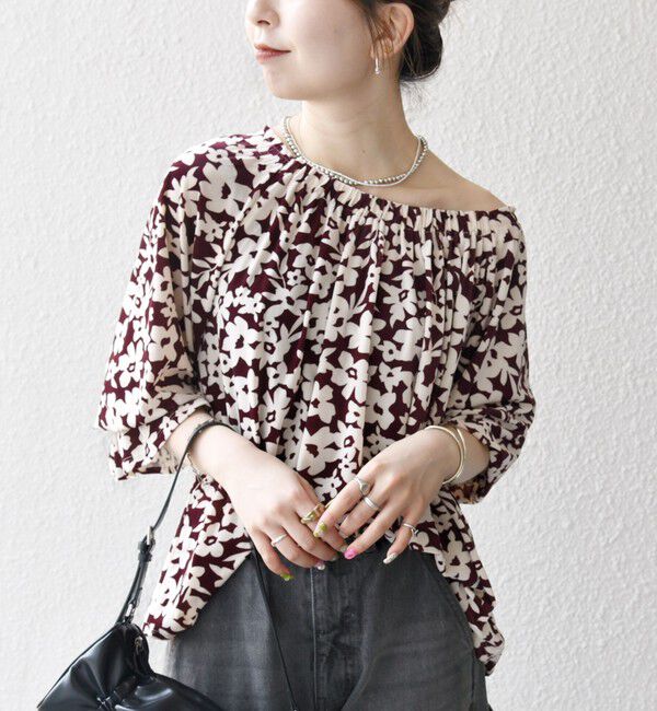 SHIPS any「SHIPS any:〈洗濯機可能〉フラワー ポリエステル ベロア シャーリング ブラウス」|シャツ・ブラウス|