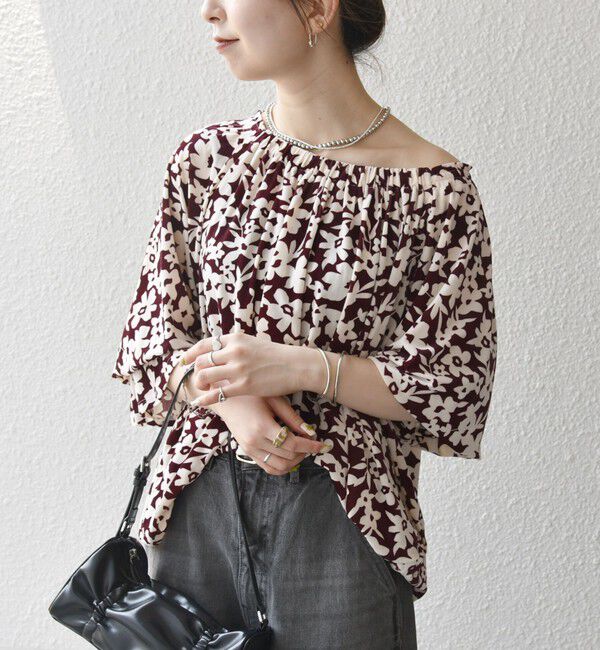 SHIPS any「SHIPS any:〈洗濯機可能〉フラワー ポリエステル ベロア シャーリング ブラウス」|シャツ・ブラウス|