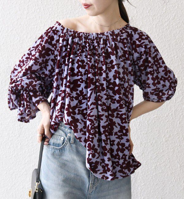 SHIPS any「SHIPS any:〈洗濯機可能〉フラワー ポリエステル ベロア シャーリング ブラウス」|シャツ・ブラウス|ブルー