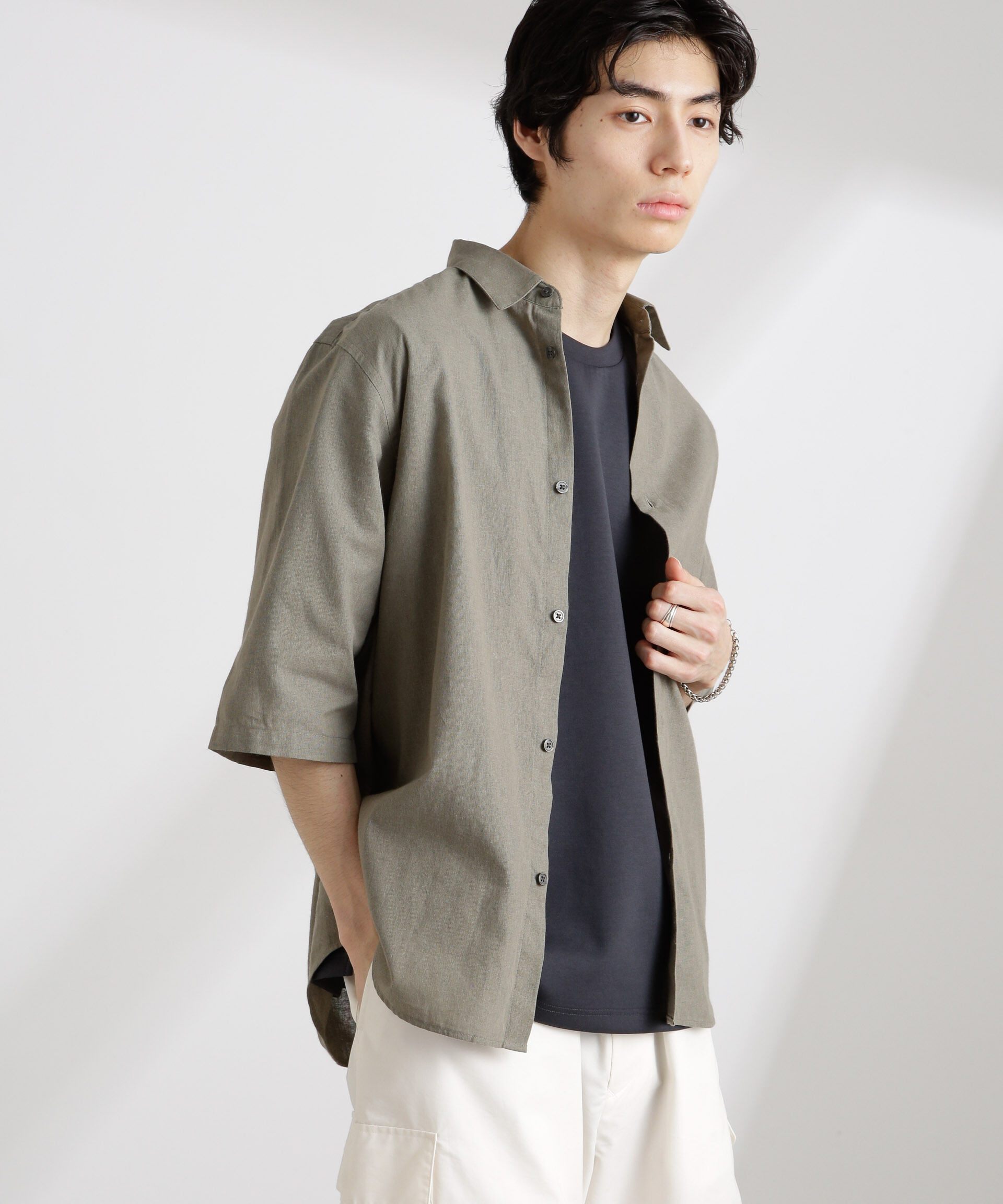 nano･universe「クールマックスリネンレギュラーカラー7分袖」|シャツ・ブラウス|