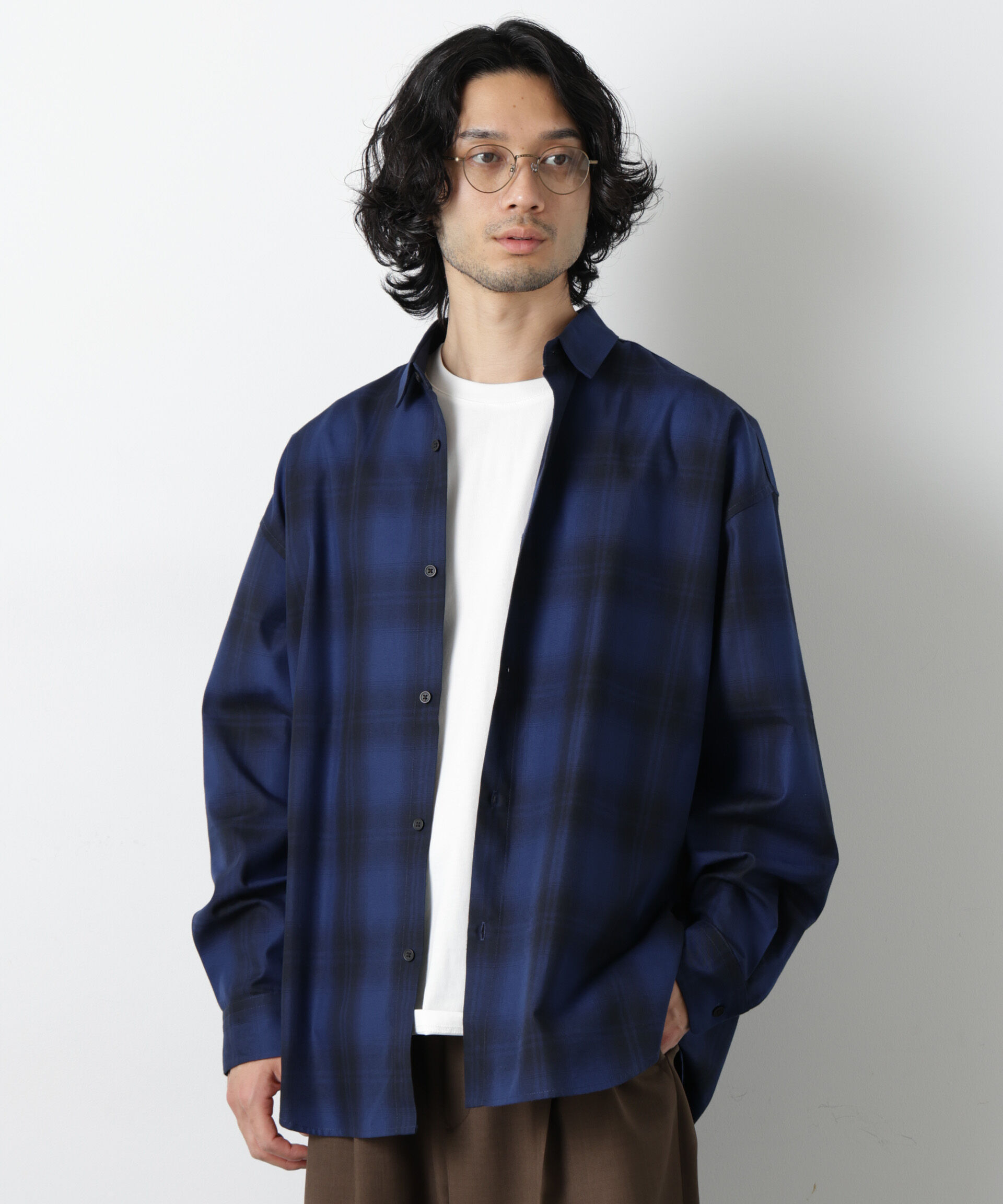 nano･universe「ビッグドレープチェックシャツ 長袖」|シャツ・ブラウス|ネイビー