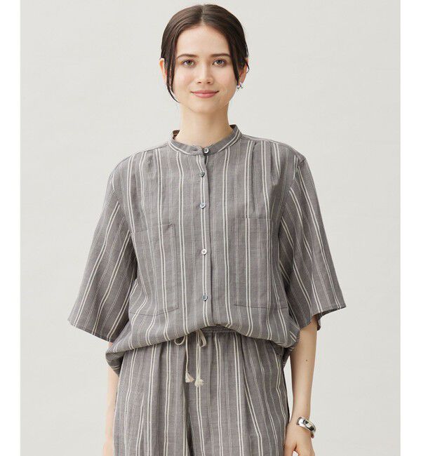 自由区「【セットアップ対応】リネンビスコースストライプ シャツ」|シャツ・ブラウス|セピア系
