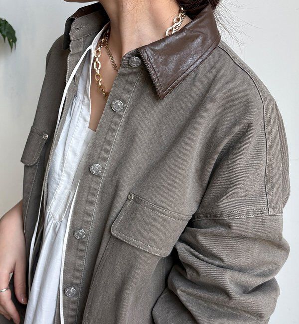  「フェイクレザー衿シャツジャケット」|ブルゾン・スタジャン|