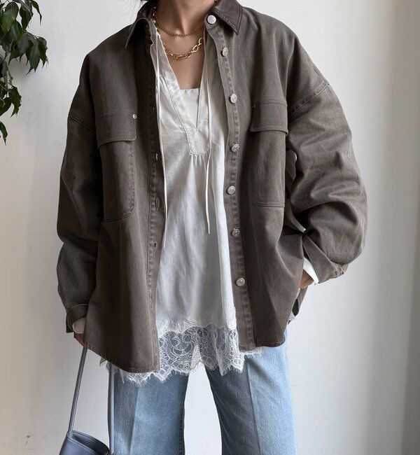  「フェイクレザー衿シャツジャケット」|ブルゾン・スタジャン|