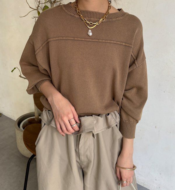  「ピグメント加工スウェットライクニット」|ニット・セーター|カーキ