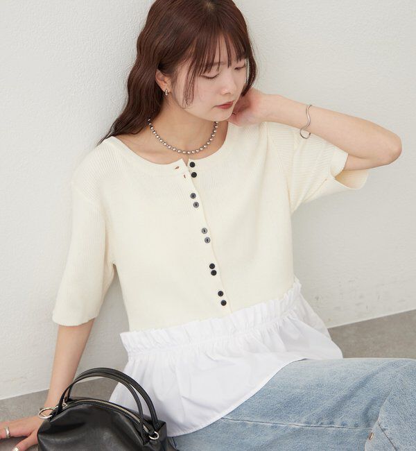  「ペプラム半袖ニット」|ニット・セーター|アイボリー