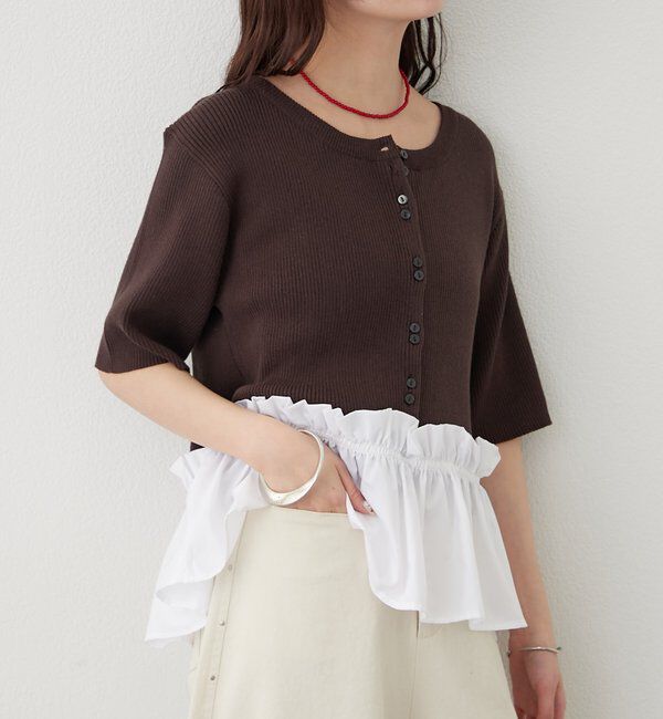  「ペプラム半袖ニット」|ニット・セーター|ブラウン