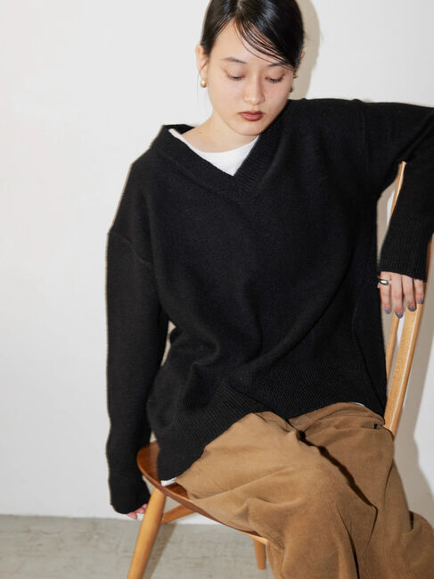  「Vネック前振りコクーンニットプルオーバー」|ニット・セーター|ブラック