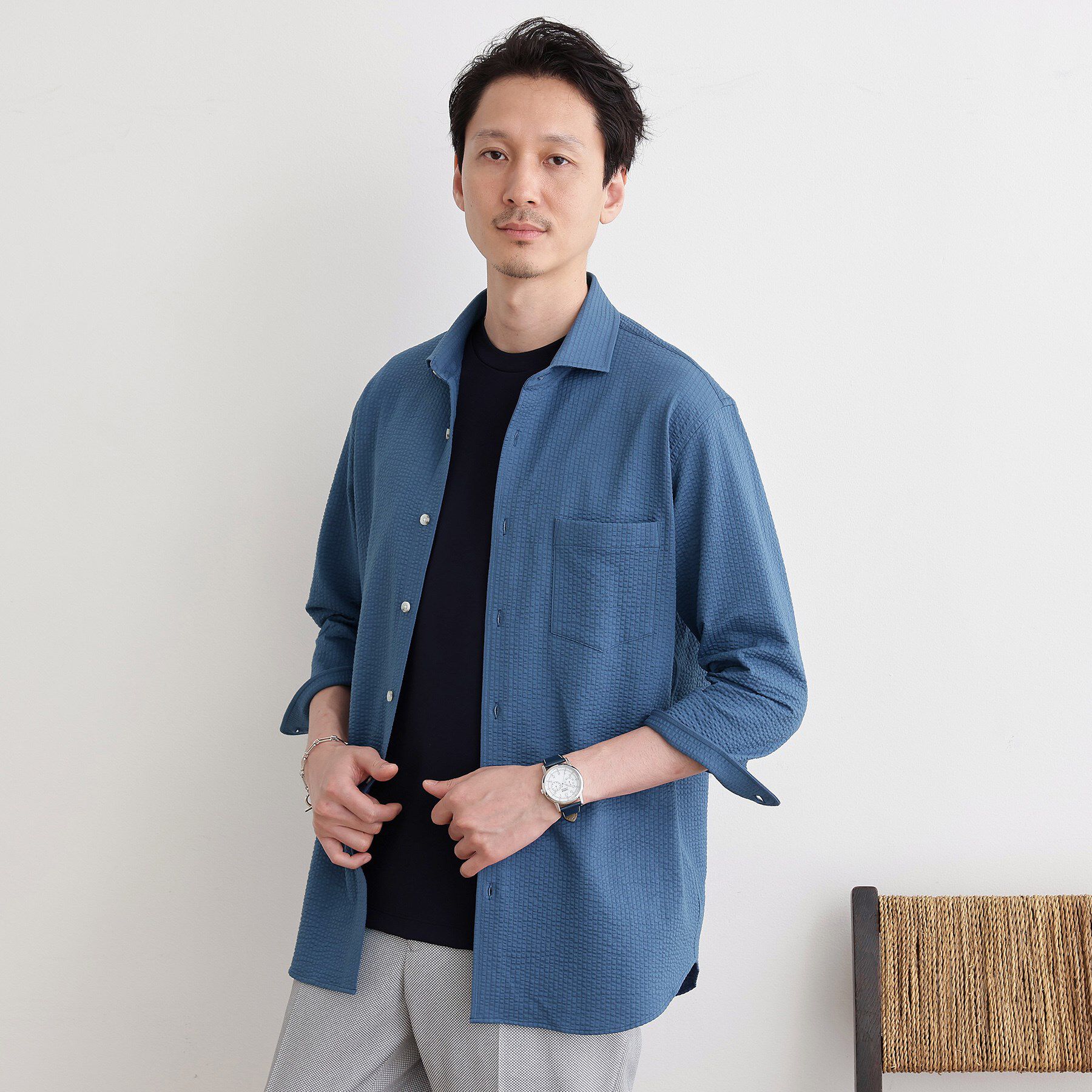 TAKEO KIKUCHI「【抗菌防臭／7分袖】サッカージャージ ストライプシャツ」|シャツ・ブラウス|ブルー(092)