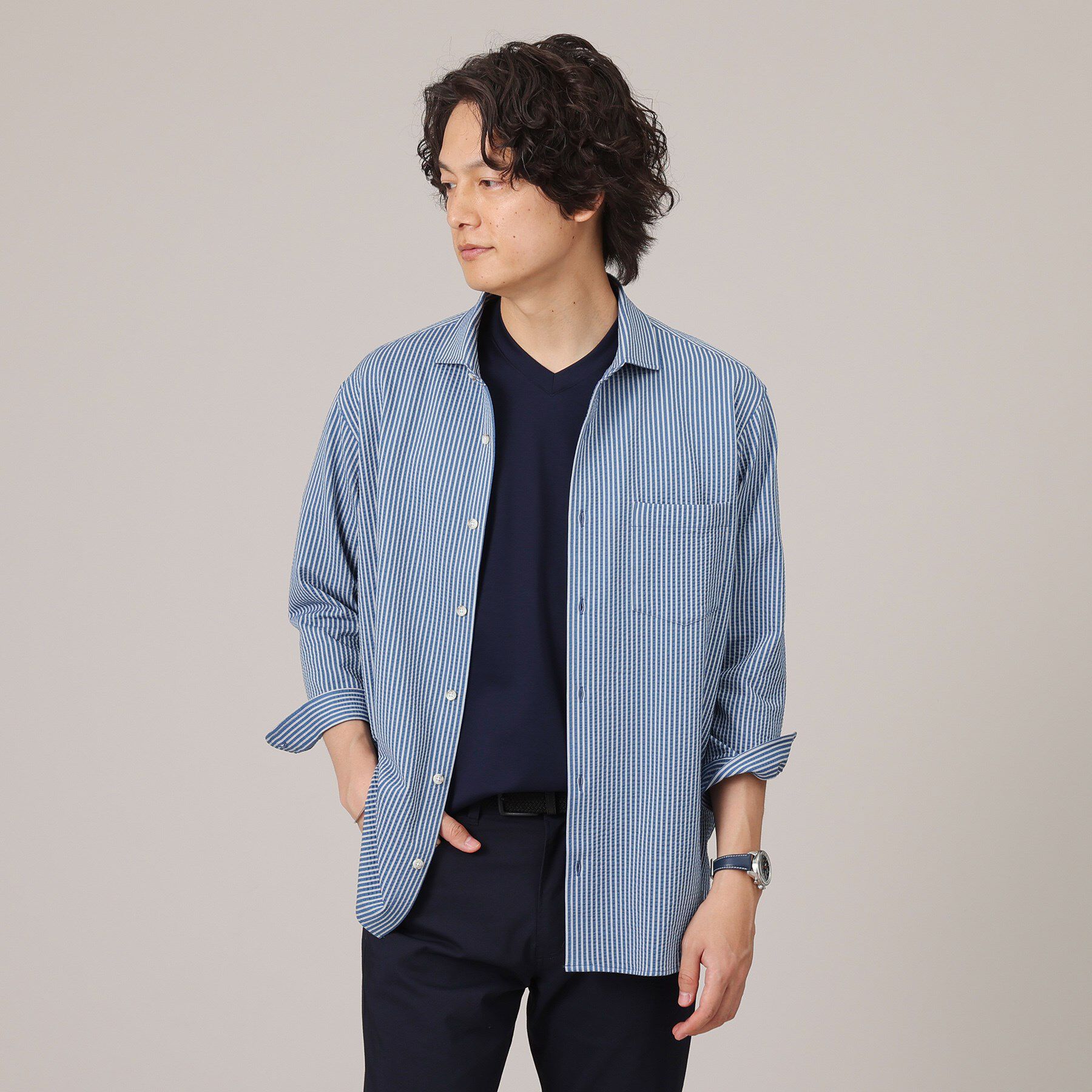 TAKEO KIKUCHI「【抗菌防臭／7分袖】サッカージャージ ストライプシャツ」|シャツ・ブラウス|ブルー(392)