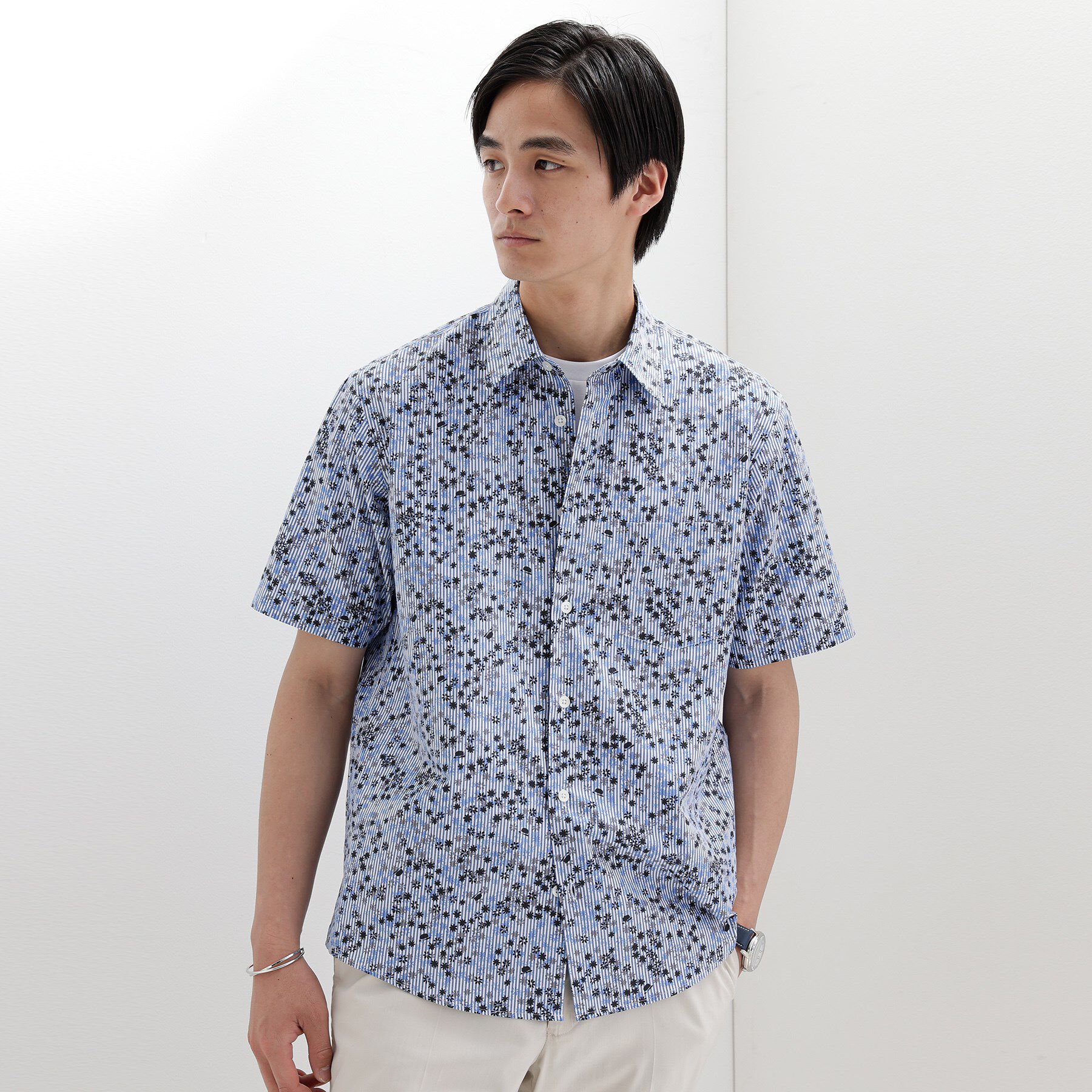 TAKEO KIKUCHI「ストライプ小花プリント 半袖シャツ」|シャツ・ブラウス|