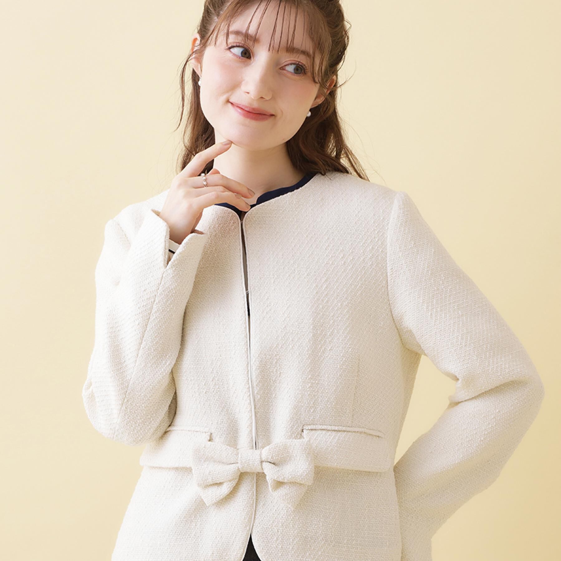 Couture broach「【ハレの日・通勤】カルゼスラブツイードジャケット」|ノーカラージャケット|アイボリー(004)