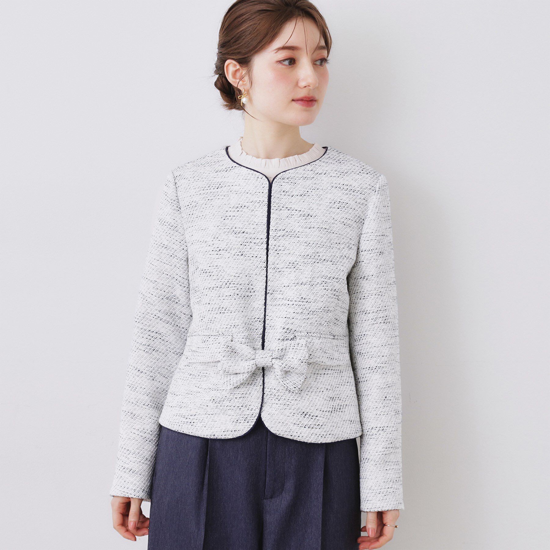 Couture broach「【ハレの日・通勤】カルゼスラブツイードジャケット」|ノーカラージャケット|