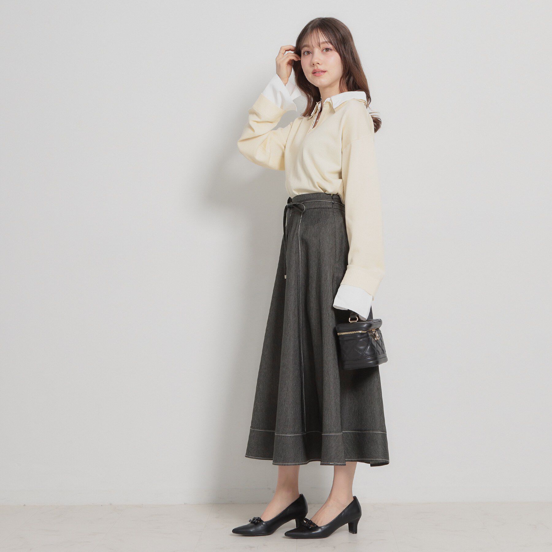 Couture broach「【洗える】デニムライク細リボンスカート」|スカート|
