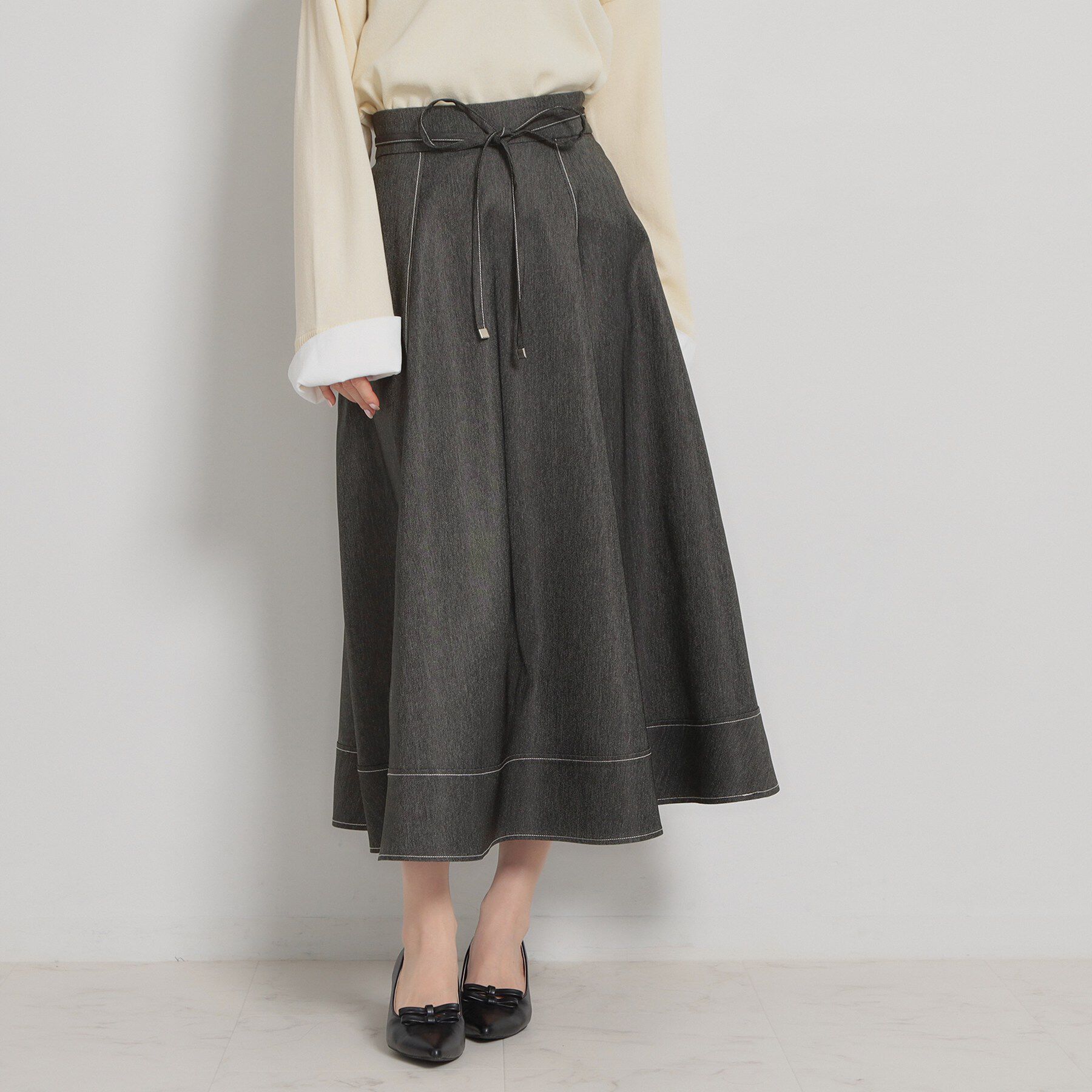 Couture broach「【洗える】デニムライク細リボンスカート」|スカート|