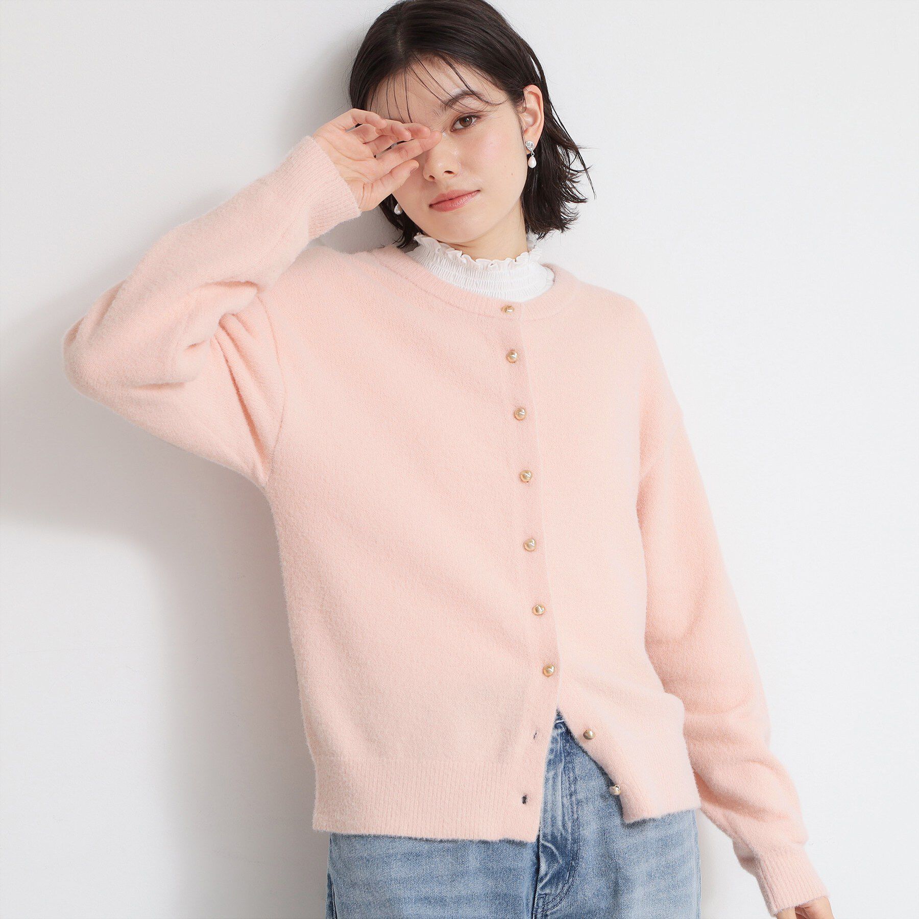 THE SHOP TK「ふわふわミニシャギー クルーネックカーディガン」|カーディガン|ライトピンク(070