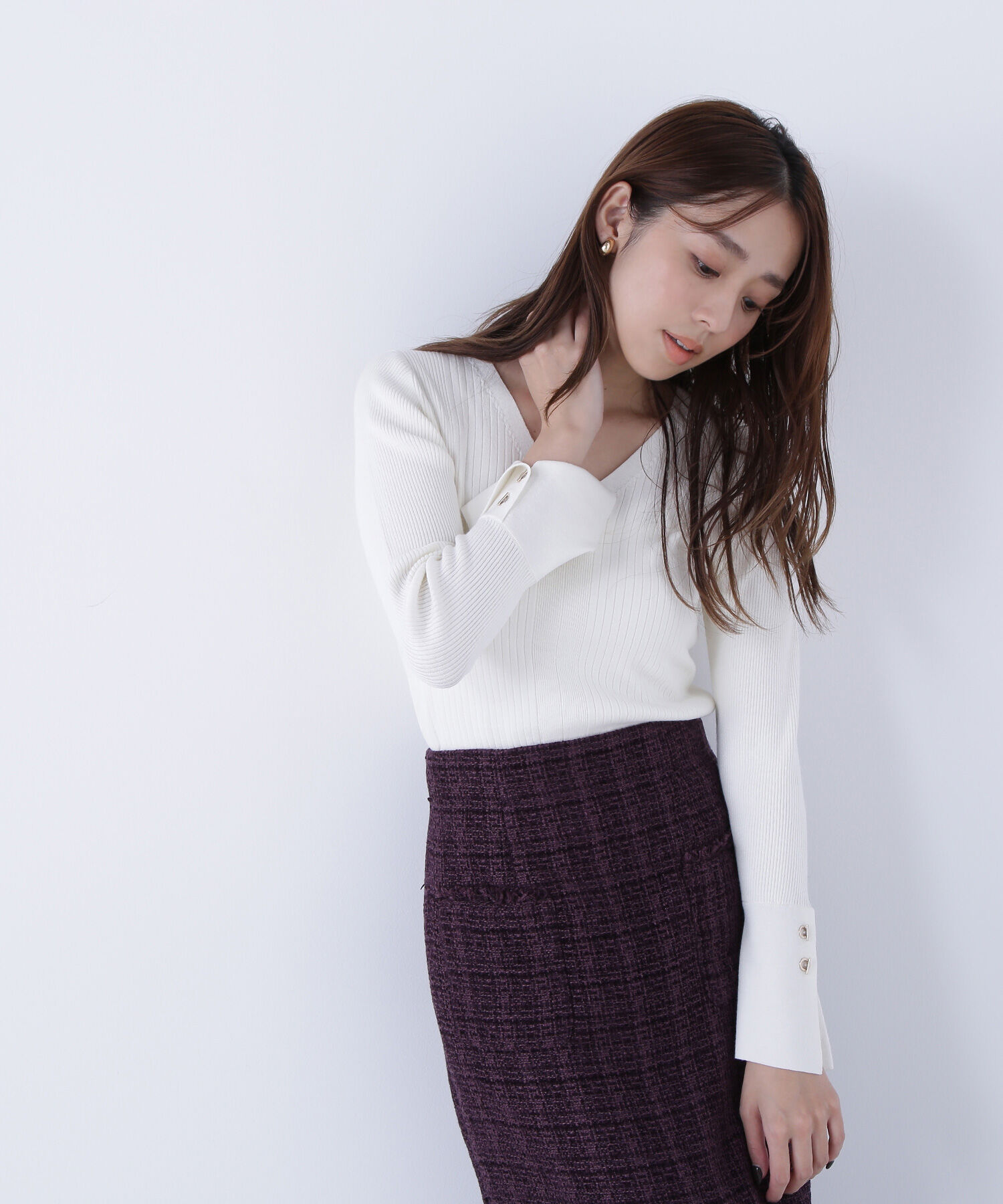  「Vネックハトメスリーブリブニット」|ニット・セーター|