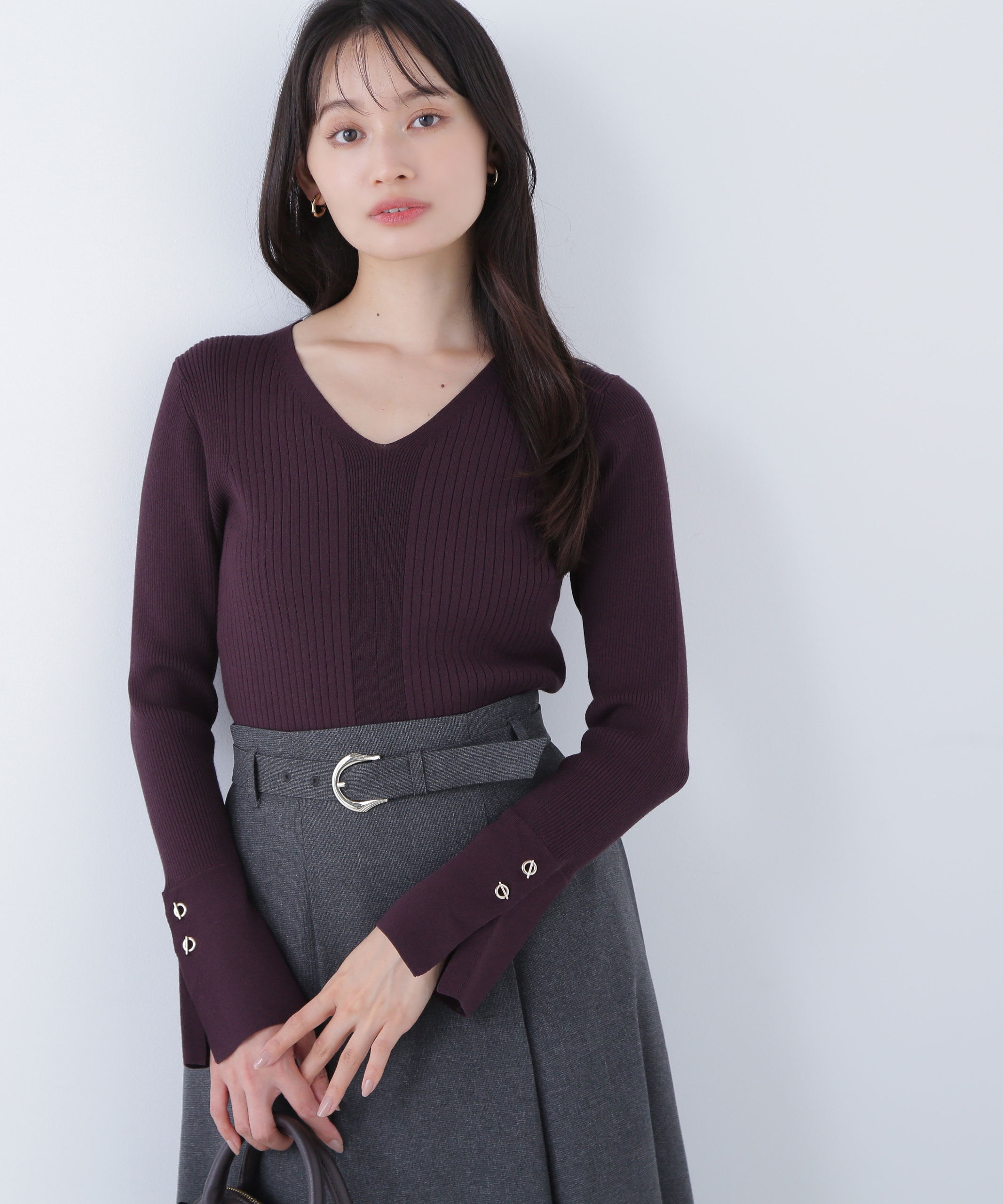  「Vネックハトメスリーブリブニット」|ニット・セーター|ダークブラウ 1