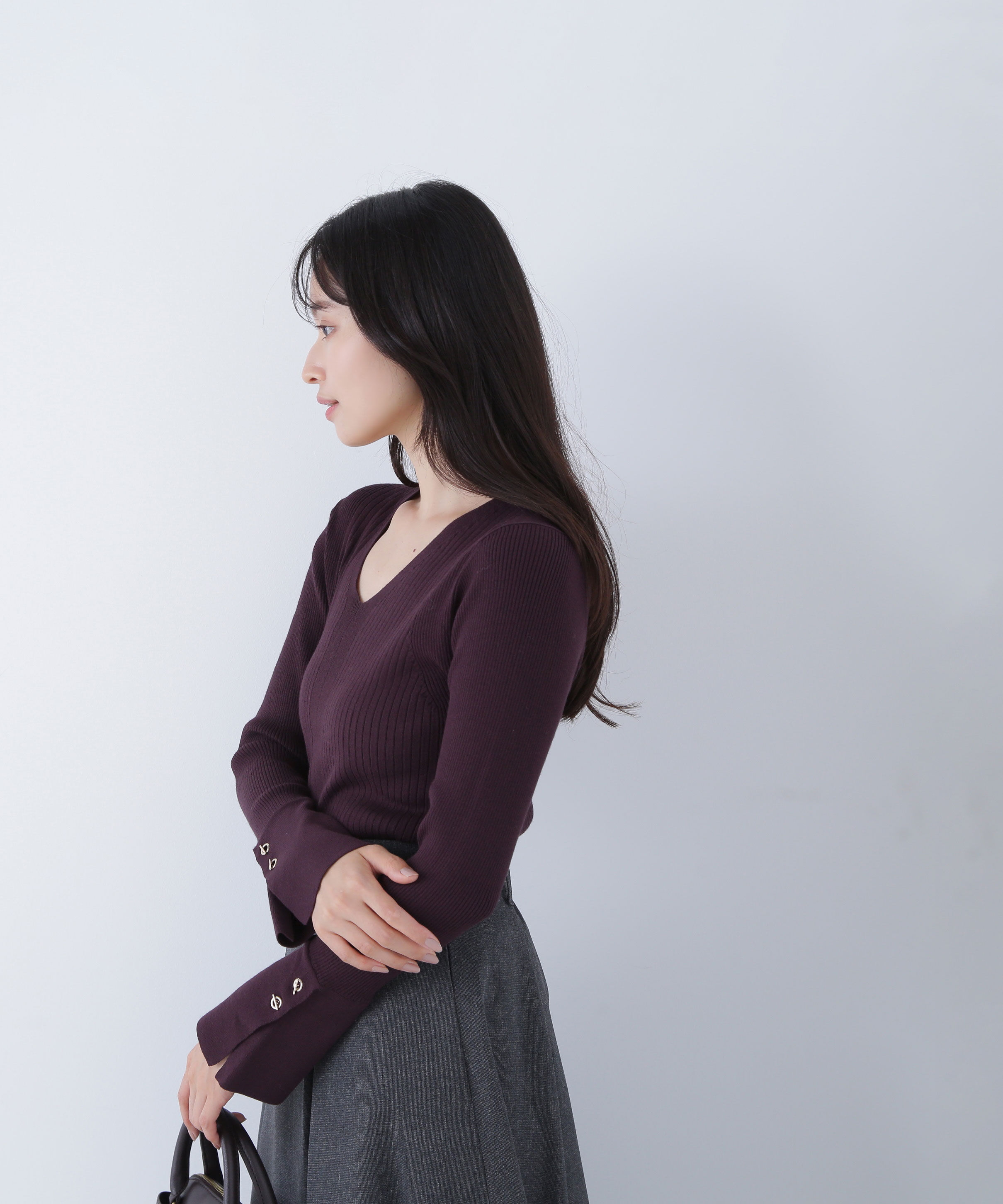  「Vネックハトメスリーブリブニット」|ニット・セーター|