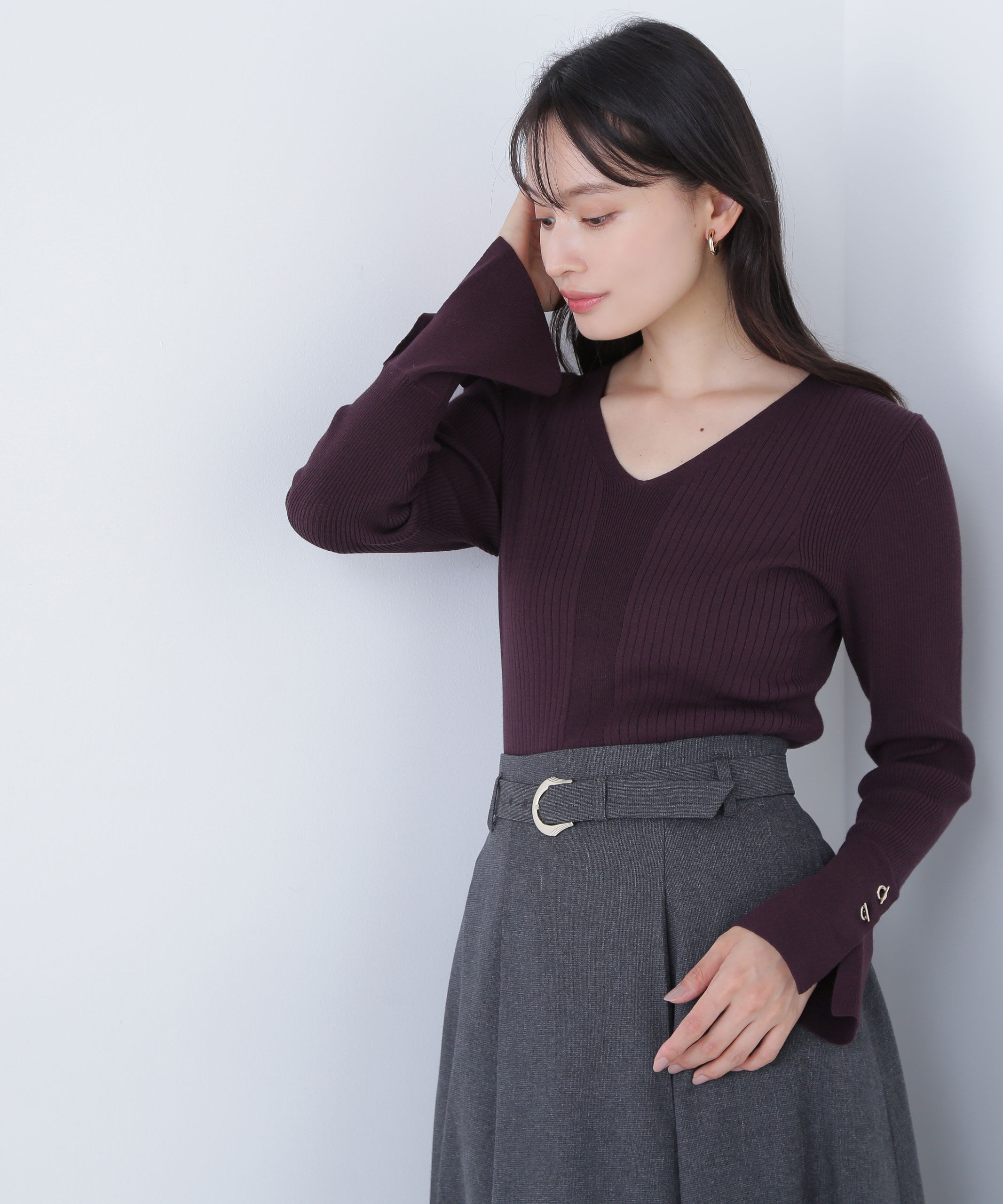  「Vネックハトメスリーブリブニット」|ニット・セーター|