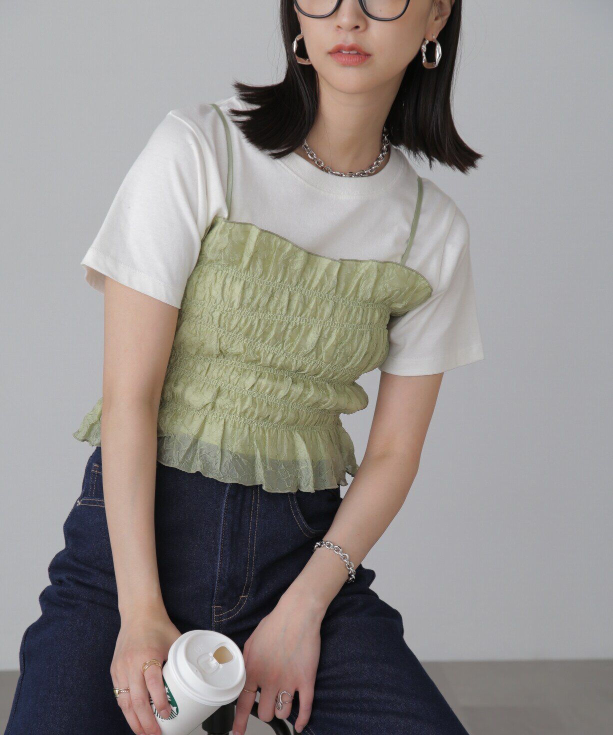  「ギャザーシャーリングビスチェ」|シャツ・ブラウス|ライトグリー