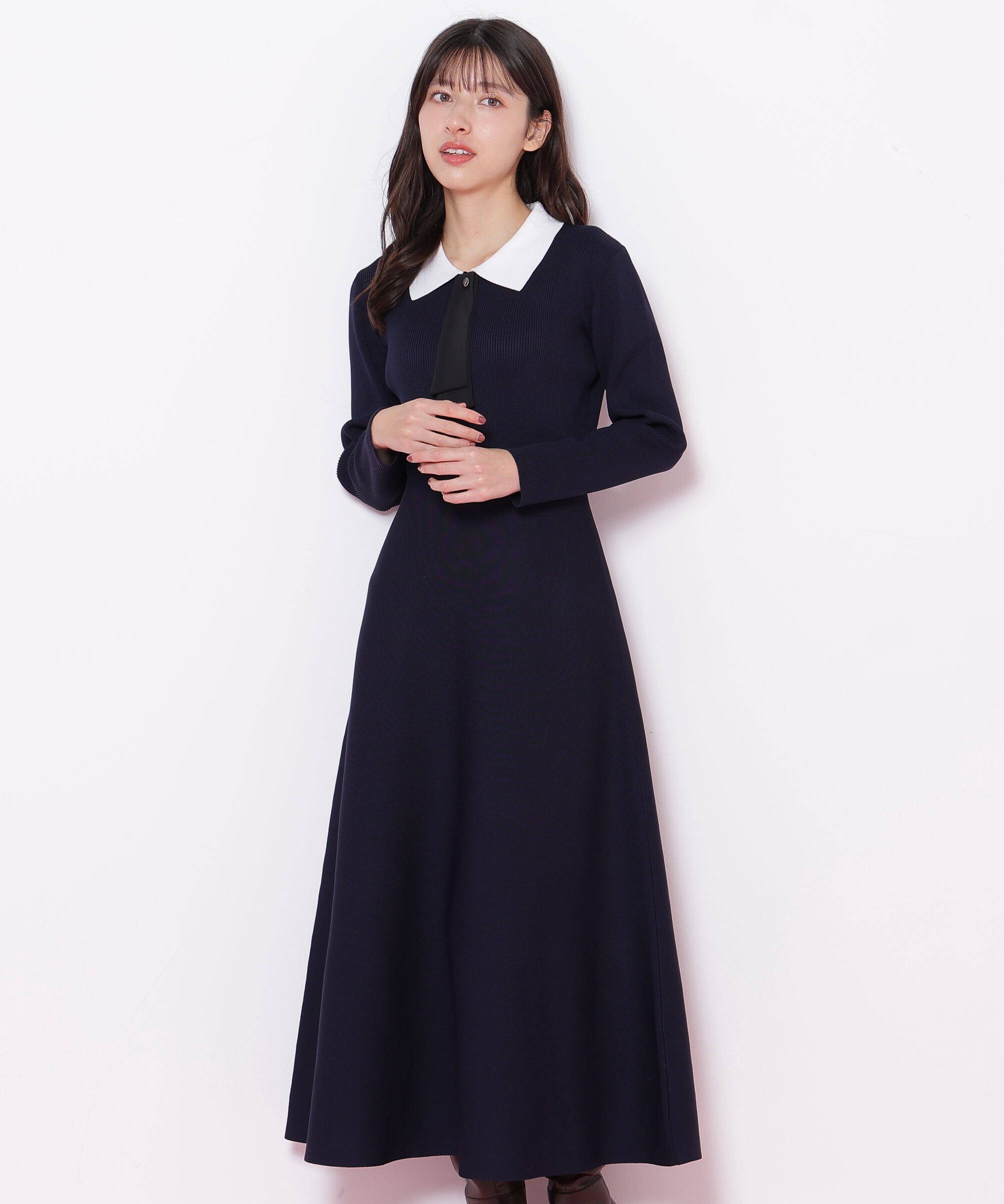  「2wayタイ付ソウバリフレアワンピース」|ワンピース|ネイビー