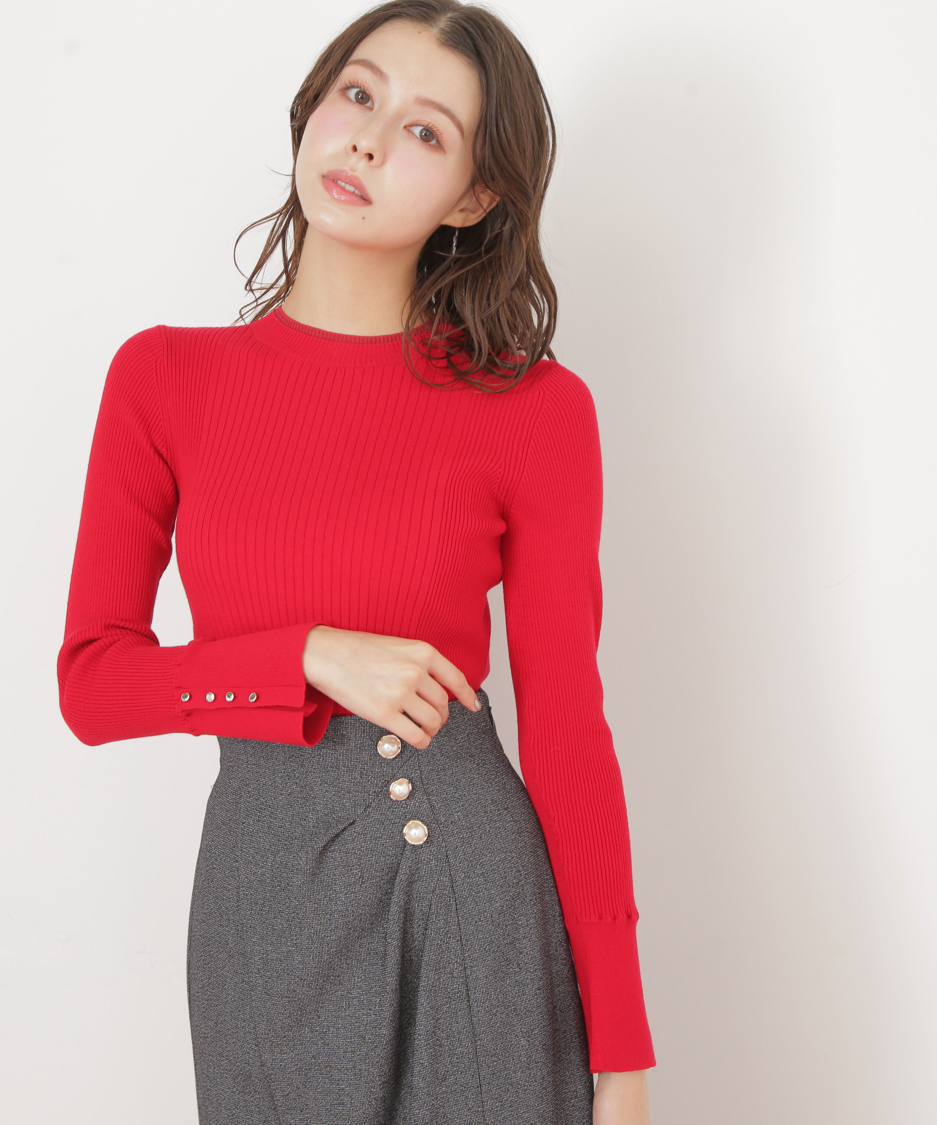  「袖ボタンリブニット」|ニット・セーター|