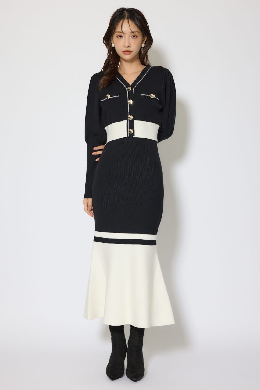 rienda「バイカラーカーデセットニットワンピース」|ワンピース|BLK