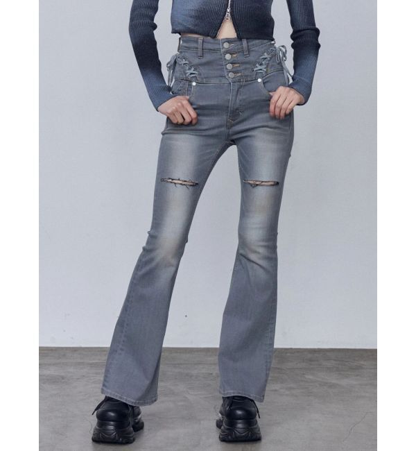 EMODA「カーブレースアップハイウエストフレアパギンス」|デニム|