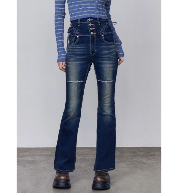 EMODA「カーブレースアップハイウエストフレアパギンス」|デニム|