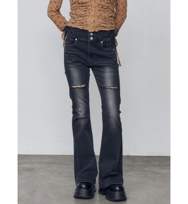 EMODA「カーブレースアップハイウエストフレアパギンス」|デニム|