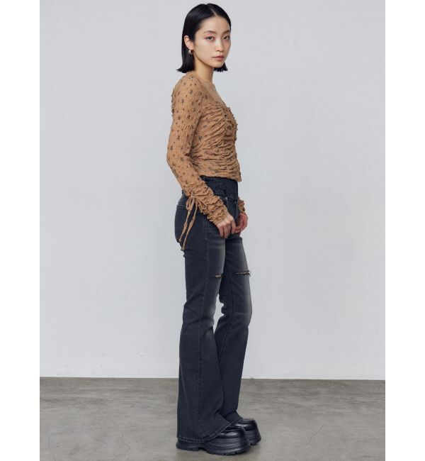 EMODA「カーブレースアップハイウエストフレアパギンス」|デニム|