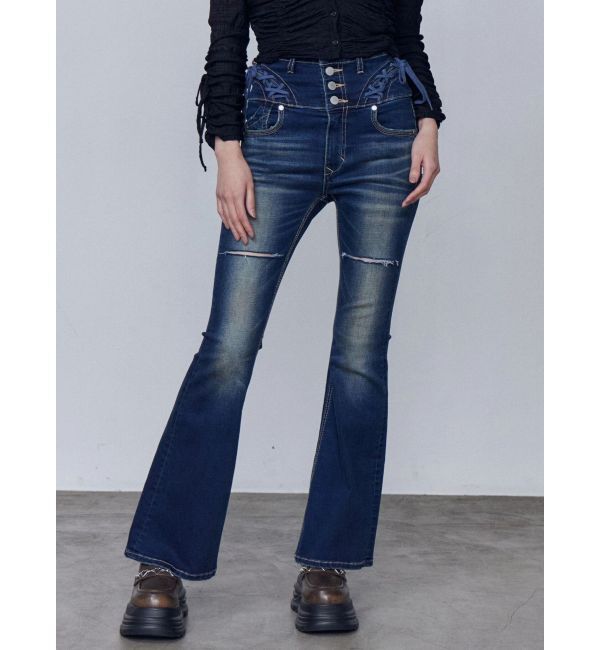 EMODA「カーブレースアップハイウエストフレアパギンス」|デニム|