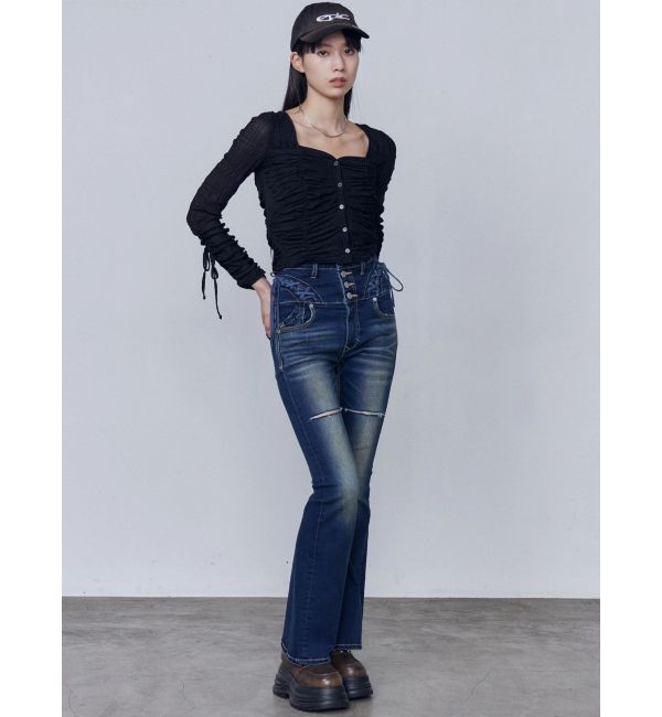 EMODA「カーブレースアップハイウエストフレアパギンス」|デニム|
