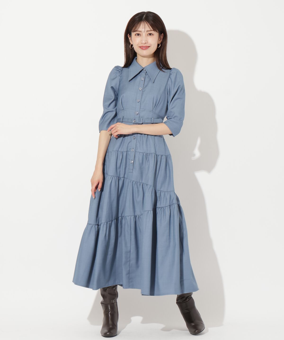 アンドクチュール「ベルト付ティアードシャツワンピース」|ワンピース|ブルー