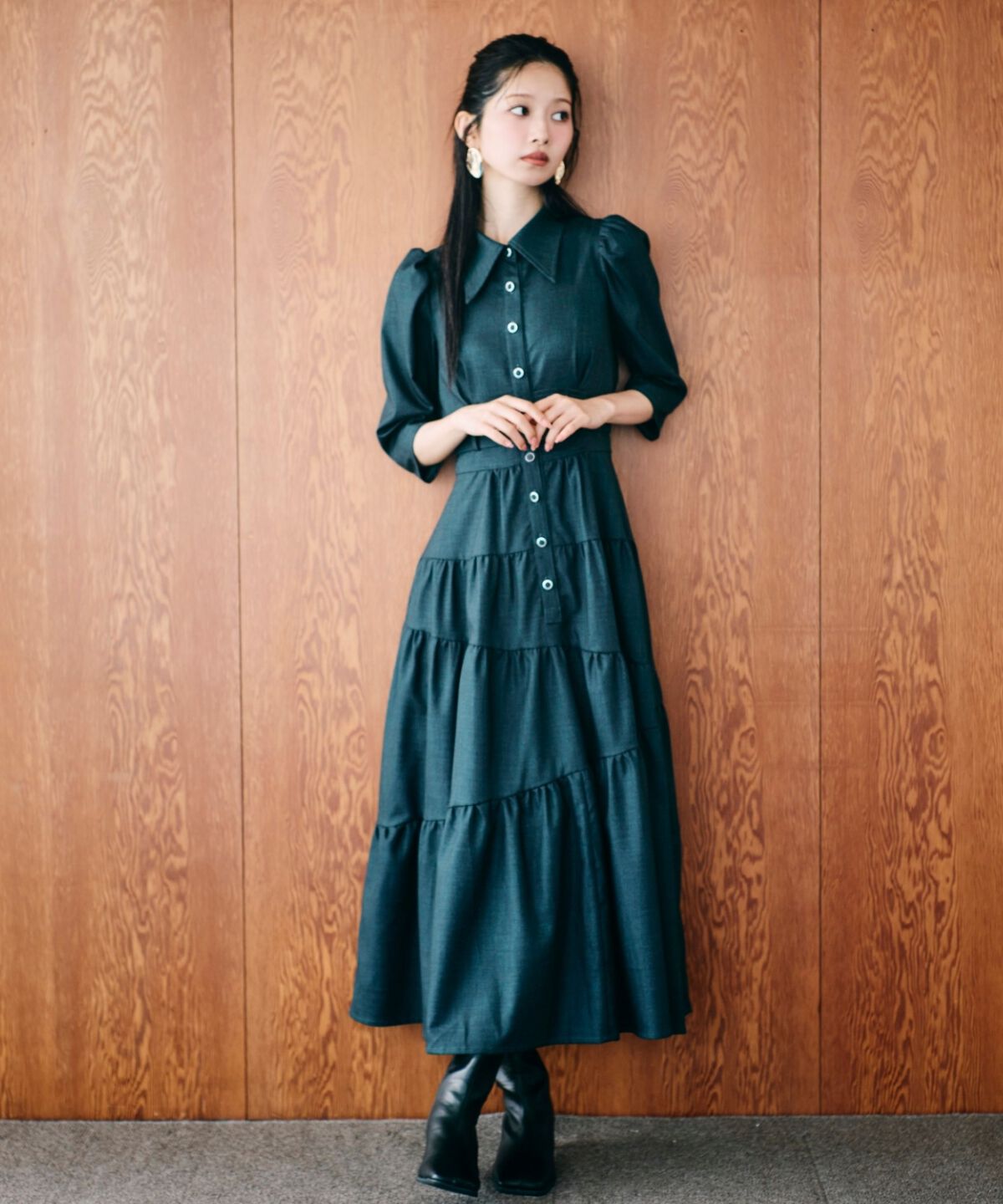 アンドクチュール「ベルト付ティアードシャツワンピース」|ワンピース|