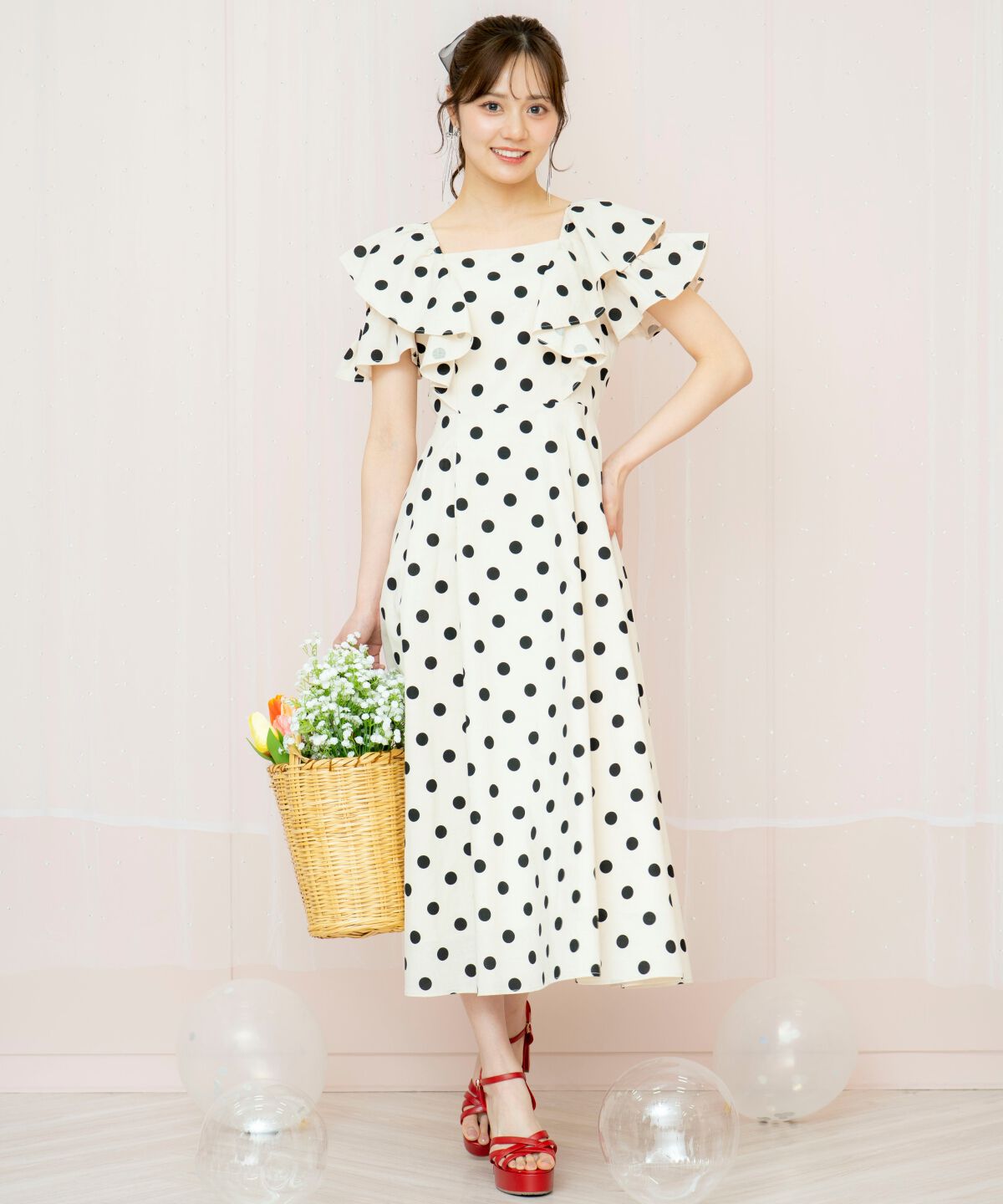 WILLSELECTION「ラッフルショルダーフレアワンピース」|ワンピース|ﾍﾞｰｼﾞｭ系水玉