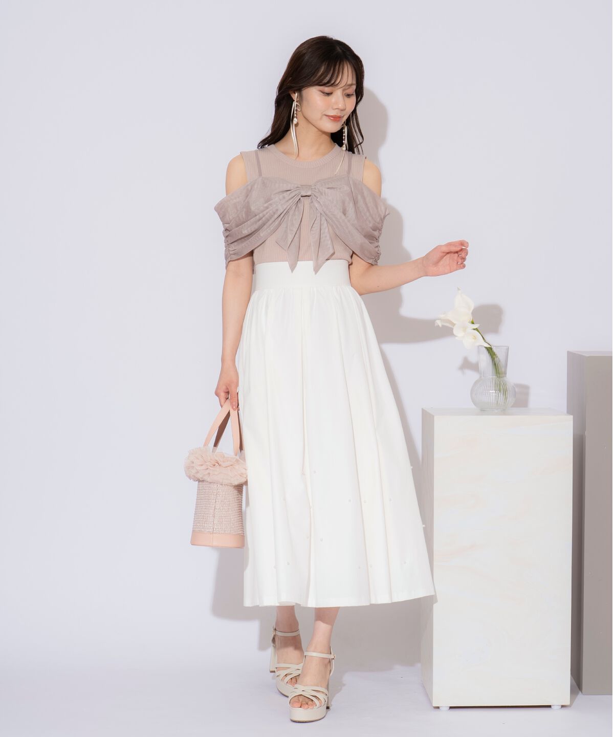 WILLSELECTION「バックリボンパールギャザースカート」|フレア|