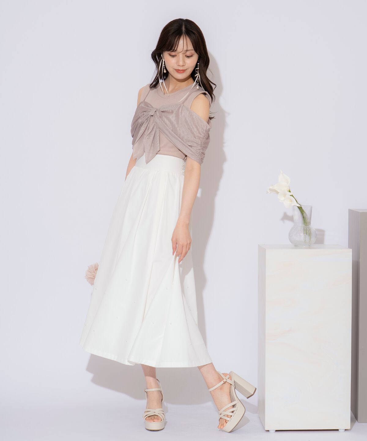 WILLSELECTION「バックリボンパールギャザースカート」|フレア|