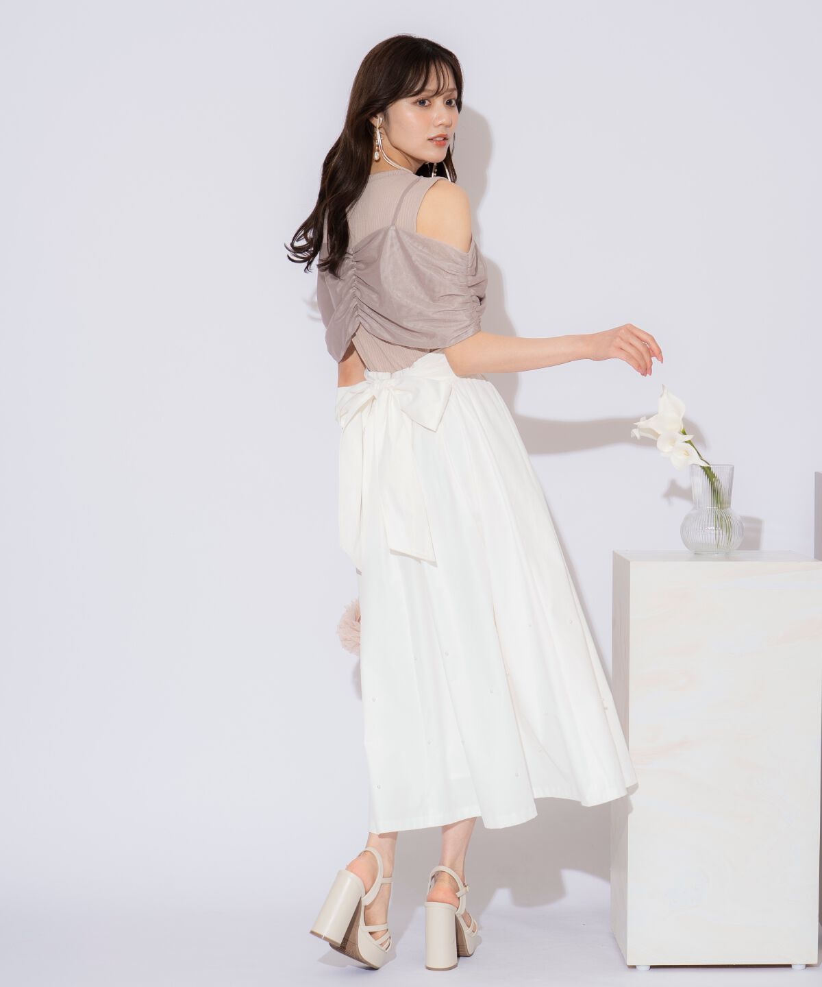 WILLSELECTION「バックリボンパールギャザースカート」|フレア|